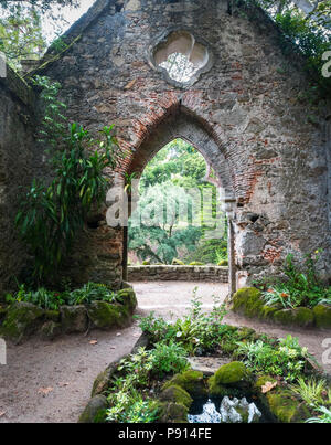 Monserrate Palace Gardens con arcata attraverso la rovina muro di pietra. Foto Stock