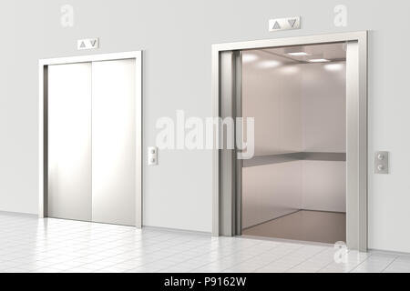 Ascensore con le porte chiuse e ascensore con le porte aperte in office lobby. 3D render Foto Stock