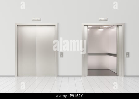 Ascensore con le porte chiuse e ascensore con le porte aperte in office lobby. 3D render Foto Stock