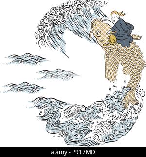 Carp pesca con mano umana prelevata vettore. Modello giapponese e lo sfondo. Modello orientali. Illustrazione Vettoriale