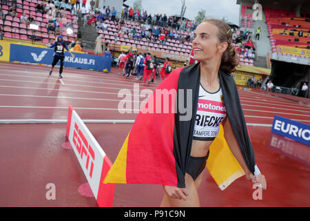 Tampere. 13 Luglio, 2018. Lea-Jasmin Riecke di Germania celebra dopo le donne salto in lungo presso la IAAF Campionati del mondo U20 a Tampere, in Finlandia il 13 luglio 2018. Riecke ha vinto la medaglia d'oro con 6.51 m. Credito: Matti Matikainen/Xinhua/Alamy Live News Foto Stock