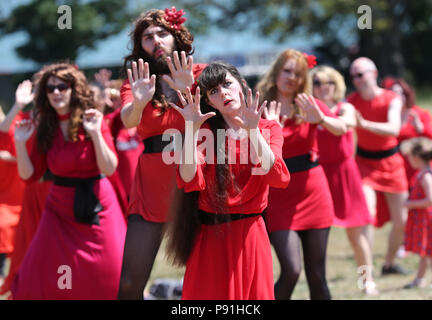 Dublino, Irlanda. Il 14 luglio 2018. I partecipanti in questo anno di Wuthering Heights giorno reciti loro danza di Kate Bush iconici canzoni e video di 'Wuthering Heights' presso il St Anne's Park di Dublino, Irlanda. Credito : Laura Hutton/Alamy Live News. Foto Stock