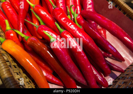 Rosso fresco peperoncino close up sullo sfondo Foto Stock