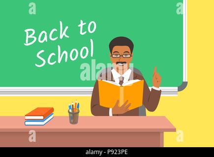 Insegnante uomo nero con libro aperto seduto alla scrivania in aula. Scuola interni di classe. Istruzione tradizionale concetto. Vettore illustrazione del fumetto. Illustrazione Vettoriale