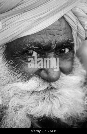 RAJASTHANI uomo con grandi baffi e barba e un turbante testa (wrap) a PUSHKAR CAMEL FAIR - Rajasthan, India Foto Stock