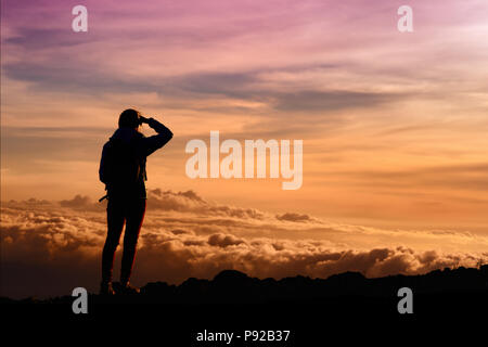 Tourist ammirando il tramonto mozzafiato vedute dal Mauna Kea, un vulcano dormiente sull'isola di Hawaii. Il picco del Mauna Kea Peak è il più alto po Foto Stock