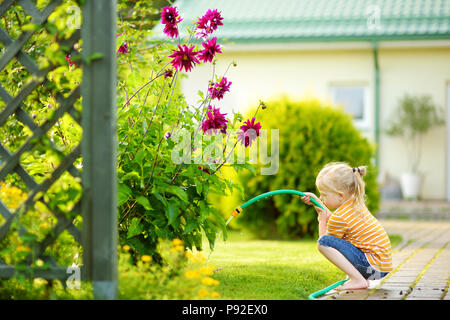 Carino bambina fiori di irrigazione del giardino al giorno d'estate. Bambino mediante tubo flessibile da giardino sulla giornata di sole. Mommys little helper. Foto Stock