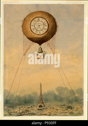 Pallone frenato con orologio e campana, galleggiante sopra la Torre Eiffel, Parigi, Francia Foto Stock