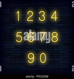 Set di giallo numeri al neon Illustrazione Vettoriale