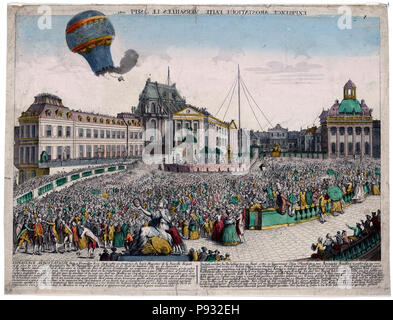 Vue d'optique mostra il palloncino lanciato dai fratelli Montgolfier ascendenti dal Palazzo di Versailles, Francia, prima che la famiglia reale, 19 settembre 1783. Foto Stock