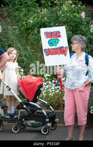 Cancelli principali, il Palazzo di Blenheim, Oxfordshire, Regno Unito. 12 luglio 2018. Centinaia di anti-Trump manifestanti si radunano vicino ai cancelli principali di Blenheim Palace dove t Foto Stock