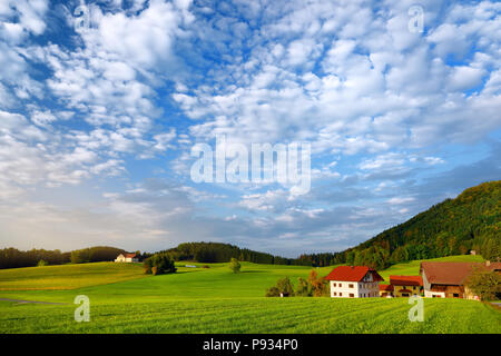 Lansdcape mozzafiato della campagna austriaca sul tramonto. Drammatica cielo sopra idilliaci campi verdi di Anstrian Alpi Centrali su inizio autunno sera. Foto Stock