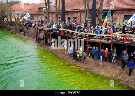 VILNIUS, Lituania - 18 Marzo 2017: centinaia di persone godendo di festa e di celebrare la festa di San Patrizio a Vilnius. Vilnele River è stato tinto gree Foto Stock