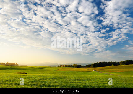 Lansdcape mozzafiato della campagna austriaca sul tramonto. Drammatica cielo sopra idilliaci campi verdi di Anstrian Alpi Centrali su inizio autunno sera. Foto Stock