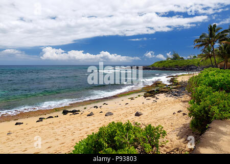 Famoso Hookipa beach surf spot riempita con una spiaggia di sabbia bianca, aree per picnic e padiglioni. Maui, Hawaii, Stati Uniti d'America. Foto Stock