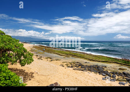 Famoso Hookipa beach surf spot riempita con una spiaggia di sabbia bianca, aree per picnic e padiglioni. Maui, Hawaii, Stati Uniti d'America. Foto Stock