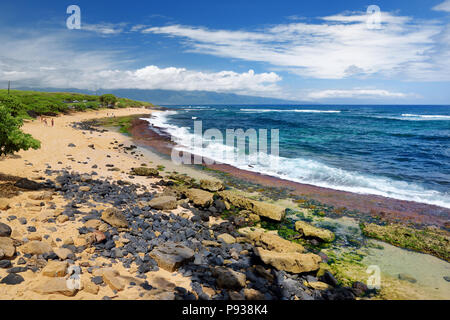 Famoso Hookipa beach surf spot riempita con una spiaggia di sabbia bianca, aree per picnic e padiglioni. Maui, Hawaii, Stati Uniti d'America. Foto Stock