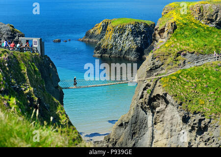 Carrick-a-Rede ponte di corde, il famoso ponte di corde vicino a Ballintoy nella contea di Antrim, che collega la terraferma con la piccola isola di Carrickarede. Uno dei mo Foto Stock