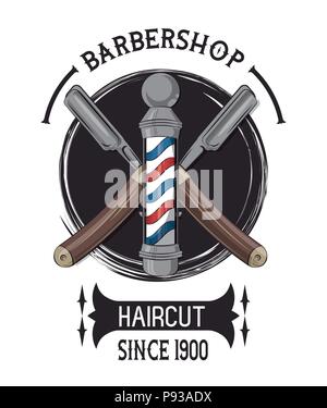 Barbiere vintage emblema con colorati disegni retrò illustrazione vettoriale graphic design Illustrazione Vettoriale