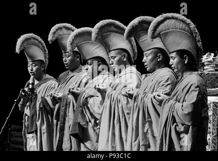 Il canto dei monaci GYUTO DURANTE IL TIBET la notte a un DALAI LAMA di insegnamento in ottobre 2007 sponsorizzato da KUMBUM CHAMTSE LING & tibetano centro culturale - BLOO Foto Stock