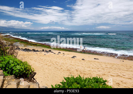 Famoso Hookipa beach surf spot riempita con una spiaggia di sabbia bianca, aree per picnic e padiglioni. Maui, Hawaii, Stati Uniti d'America. Foto Stock