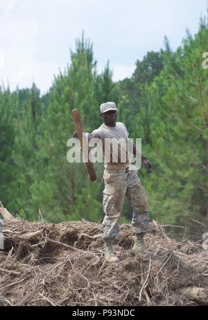 Stati Uniti Air Force Airman 1. Classe Amena Backoulas-Tello, membro dell'166Ingegnere Civile Squadron, Delaware Air National Guard, lanci un eccesso di legno in una pila che sarà trasportato per la masterizzazione, come parte di una fase di costruzione di Camp Kamassa in Crystal molle, Mississippi, luglio 11, 2018. Camp Kamassa saranno stati prima completamente accessibile ai portatori di handicap, anno camp agevolazione per gli adulti e per i bambini con bisogni speciali, che viene costruito su 326 acri capeggiate dal Dipartimento della Difesa prontezza innovativo programma di formazione. (U.S. Air Force foto di Master Sgt. Stephen D. Sc Foto Stock