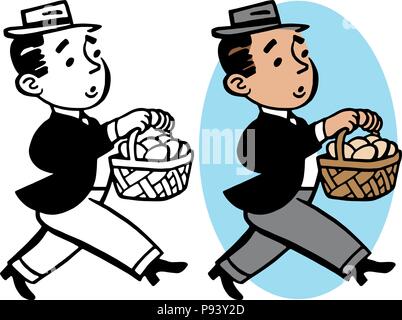 Un uomo mette tutte le uova nello stesso paniere. Illustrazione Vettoriale