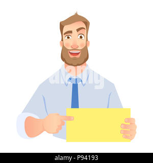 Imprenditore tenendo premuto segno di vuoto. Mano tenendo la scheda. L'uomo puntando al poster in bianco. Set . Foto Stock