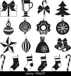 Bianco e nero 18 xmas elementi set di silhouette. Nuovo anno di vacanza decorazioni. Illustrazione Vettoriale per icona, logo, adesivo, patch, etichetta, badge, emble Illustrazione Vettoriale
