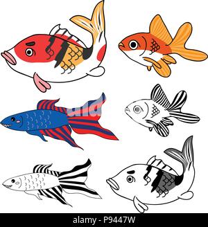 Carpe, Goldfish, Siamese Fighting Fish Set. Illustrazione Vettoriale. isolato su sfondo bianco. Illustrazione Vettoriale