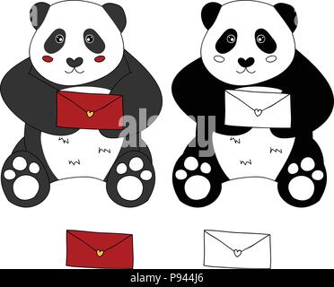 Simpatico Panda con Red Letter. Illustrazione Vettoriale. isolato su sfondo bianco. Illustrazione Vettoriale