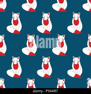 Kitsune Fox su Indigo sfondo blu. Illustrazione Vettoriale. Illustrazione Vettoriale