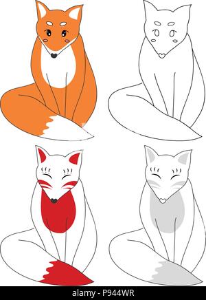 Carino Red Fox e Kitsune. Illustrazione Vettoriale. isolato su sfondo bianco. Illustrazione Vettoriale