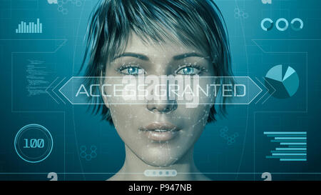 Modello 3d di una ragazza faccia, con un avveniristico interfaccia software per il riconoscimento facciale (3d rendering) Foto Stock