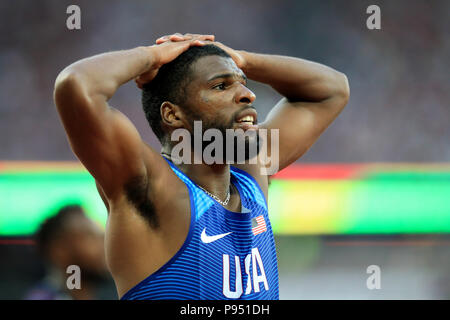 Lo stadio di Londra, Londra, Regno Unito. 14 Luglio, 2018. L Atletica World Cup, giorno 1; Ameer Webb (USA) reagisce come lui finisce il terzo nel Uomini 200m Credito: Azione Sport Plus/Alamy Live News Foto Stock