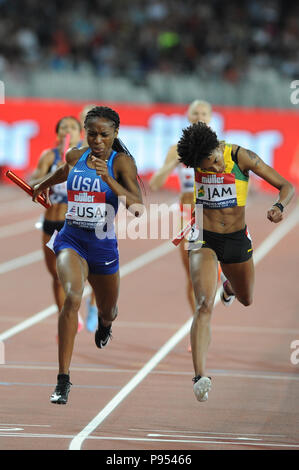 Londra, Regno Unito. 14 Luglio, 2018. Il Team USA battere la Giamaica in secondo luogo nelle donne 400x400 metri relè in un tempo di 3:24.28 durante la cerimonia inaugurale di Atletica Leggera Coppa del mondo. Credito: Nigel Bramley/Alamy Live News Foto Stock