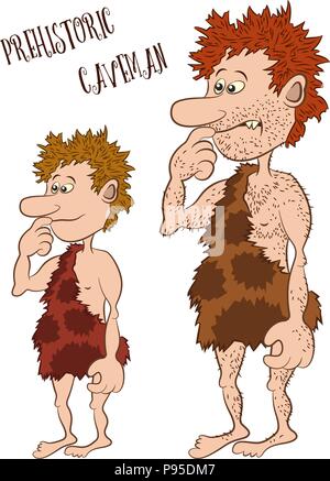 I personaggi dei cartoni animati, uomo e ragazzo, padre e figlio, preistorici Caveman in pelle di animale, isolato su sfondo bianco. Vettore Illustrazione Vettoriale