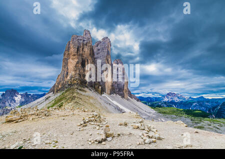 Tre Cime di Lavaredo Parco Nazionale. Drei Zinnen, Trentino Alto Adige, Alto Adige, Dolomiti, Italia Foto Stock