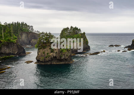 Mare iconico di pile di Cape lusinghe più lontano a nord-ovest posizione negli Stati Uniti continentali, Makah prenotazione, Penisola Olimpica, nello Stato di Washington, USA. Foto Stock