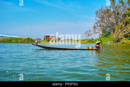 Abitante birmano galleggianti lungo il Lago Inle nel suo canoa, seduto sul bordo e pusshing al di fuori del lato inferiore con una pagaia, Inpawkhon, Myanmar. Foto Stock