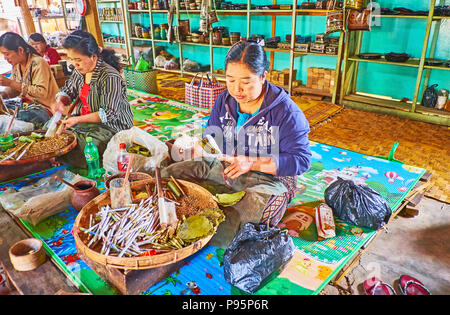 YWAMA, MYANMAR - 18 febbraio 2018: interno della fabbrica di sigarette nella palafitta sul Lago Inle, donne birmane roll sigari e sigarette in banana Foto Stock