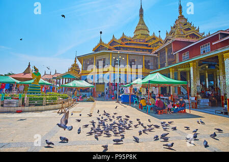 YWAMA, MYANMAR - 18 febbraio 2018: il gregge dei piccioni nel cortile di Hpaung Daw Pagoda U con il principale santuario, turistico si spegne e la fontana backgrou Foto Stock