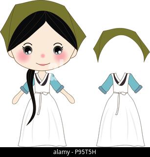 Carino ragazza nel verde coreano Hanbok costume tradizionale. Vettore. Illustrazione. isolato su sfondo bianco Illustrazione Vettoriale