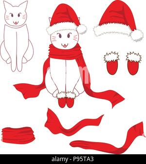 White Santa Cat con sciarpa rossa. Illustrazione Vettoriale. isolato su sfondo bianco. Illustrazione Vettoriale