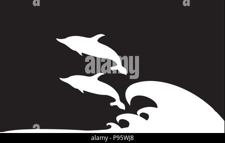 Vettore silhouette bianca illustrazione dei delfini giovane giocando e saltando sulle onde del mare icona isolati su sfondo nero. Illustrazione Vettoriale