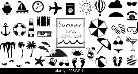 Il vettore in bianco e nero estate viaggio o vacanza spiaggia grande icona set isolato su sfondo bianco. Monocromatico clip art icone per il design. Semplice silhoue Illustrazione Vettoriale