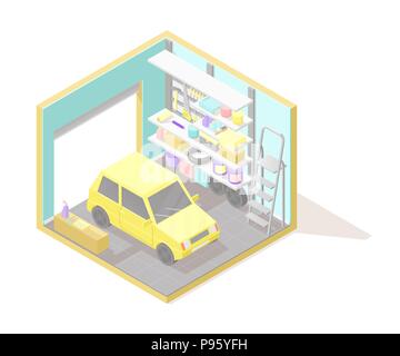 Vettore bassa isometrica poli spaccato illustartion interiore. Garage questo giallo auto, scala, ripiani e strumenti. Servizio in automobile Illustrazione Vettoriale