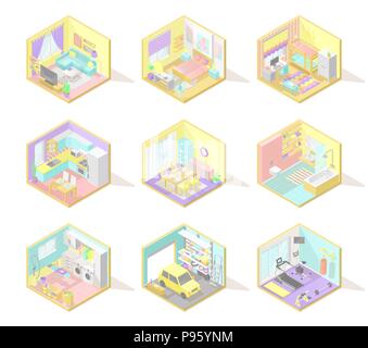 Vettore grande set di isometrica interni home : soggiorno, camera da letto, camera per bambini, cucina, bagno, garage e altri in colori pastello Illustrazione Vettoriale