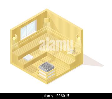 Vettore bassa isometrica poli spaccato illustartion interiore. Sauna Illustrazione Vettoriale
