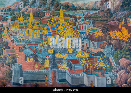 Bangkok, Tailandia - 24 Nov 2017: il Wat Phra Kaew a Bangkok, in Thailandia. Dipinti murali lungo la parete interna del tempio ritrae la storia di Ramayan Foto Stock